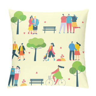 Personality  Illustration With Happy Cartoon Couples Of People. Happy Friends, Parents, Lovers On Date, Hugging, Dancing, Couples With Kids Pillow Covers