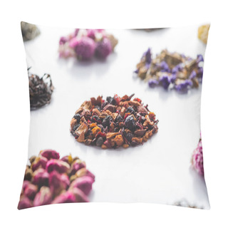 Personality  Collection Of Dried Herbal Organic Tea On White Surface Pillow Covers