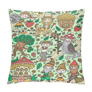 Personality  Forest Fairy Tale. Fairy, Gnome, Mage, Mushroom, Acorn, Centaur, Tree. Cute Hand Drawn Doodles. Vector Illustration Pillow Covers