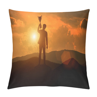 Personality  Silhouette Of A Man Holding A Trophy Cup. Success Concept. Pillow Covers