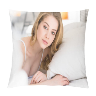 Personality  Beautiful Blonde Girl Lying On Bed In Morning Pillow Covers