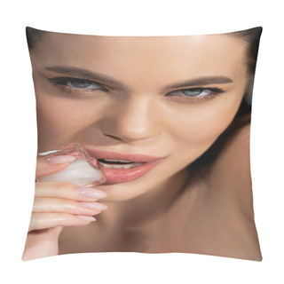 Personality  Portrait Of Sexy Young Woman Holding Ice Cube Near Mouth Isolated On Grey  Pillow Covers