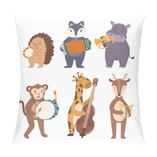 Personality  Set Of Animals Play Music. Cute Hedgehog, Fox, Hippopotamus, Monkey, Giraffe And Deer Playing On Tambourine, Accordion, Trumpet, Drum, Cello And Harp Instruments. Cartoon Vector Illustration Pillow Covers