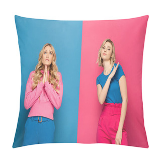 Personality  Blonde Girls Showing Shop And Hope Gestures On Pink And Blue Background Pillow Covers