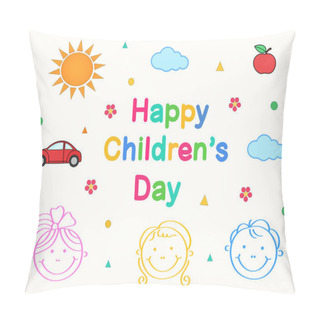Personality  Illustration Of Smiling Kids Near Happy Childrens Day Lettering On White Pillow Covers
