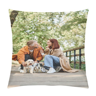 Personality  A Loving Couple Relaxes With Their Dogs On A Picturesque Bridge In The Park. Pillow Covers