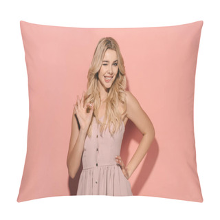 Personality  Attractive And Blonde Woman In Pink Dress With Hand On Hip Showing Okay  Pillow Covers