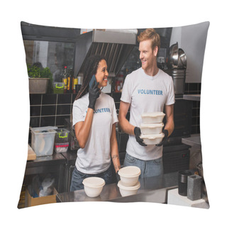 Personality  Redhead Volunteer Holding Plastic Containers And Looking At African American Woman Talking On Smartphone Pillow Covers