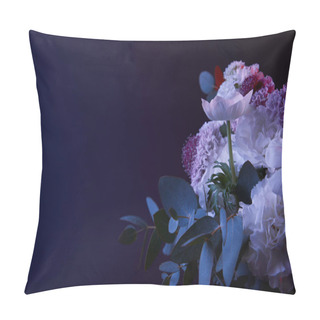 Personality  Bouquet Of Different Flowers And Green Leaves On Dark Pillow Covers