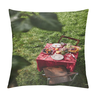 Personality  High Angle View Of Table With Food And Drinks In Green Garden Pillow Covers