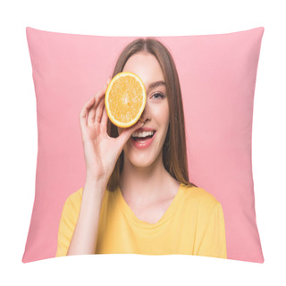 Personality  Front View Of Smiling Attractive Girl Holding Cut Orange Isolated On Pink Pillow Covers