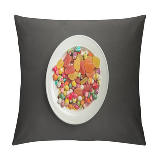 Personality  Top View Of Delicious Multicolored Caramel Candies And Citrus Jellies In White Plate On Black Background  Pillow Covers