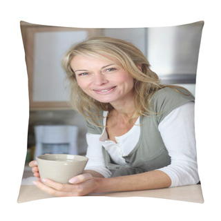 Personality  Attractive Adult Woman Holding Mug In Home Kitchen Pillow Covers