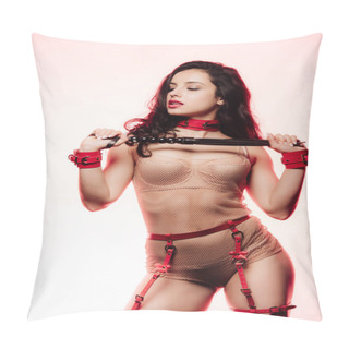Personality  Sexy Young Woman In Beige Lingerie And Red Collar Holding Flogging Whip On Light Background Pillow Covers