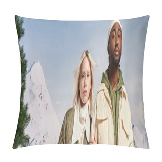 Personality  Fashionable Multiracial Couple Posing With Hand On Arm And Looking At Camera, Winter Concept, Banner Pillow Covers