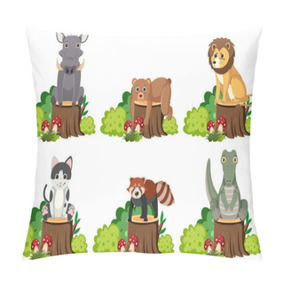 Personality  Vector Cartoon Illustration Of Animals Sitting On Tree Stump Surrounded By Bush Pillow Covers