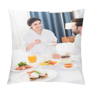Personality  Cheerful Woman Holding Saucer And Cup While Looking At Man  Pillow Covers