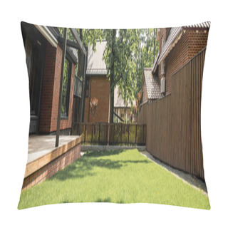 Personality  Cozy House With Patio, Green Lawn, Wooden Fence, Cottage City, Real Estate Market, Banner Pillow Covers