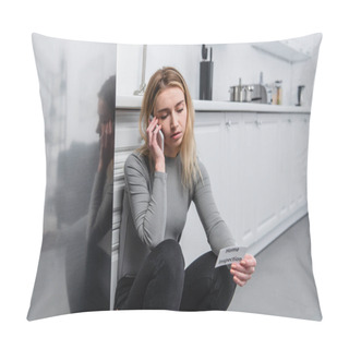 Personality  Blonde Young Woman Holding Card With Lettering Home Inspection And Talking On Smartphone In Kitchen Near Broken Fridge Pillow Covers