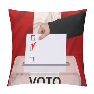 Personality  Female Voter Lowers The Ballot In A Transparent Ballot Box Against The Background Of The National Flag Of Peru, Vote In Spanish, Concept Of State Elections, Referendum Pillow Covers