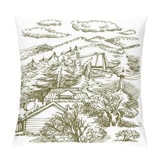 Personality  Mountain Landscape. Vector Hand Drawn Graphic Illustration. Pillow Covers