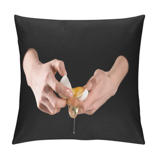 Personality  Cropped Image Of Woman Holding Broken Chicken Egg Isolated On Black Pillow Covers