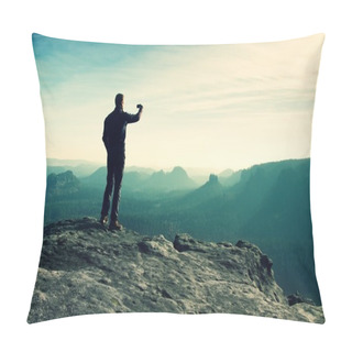 Personality  Tall Hiker Is Taking Photo By Smart Phone On The Peak Of Mountain  At Sunrise. Pillow Covers