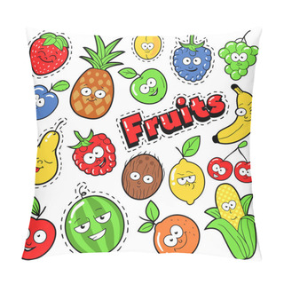 Personality  Funny Fruits Emoticons Badges, Patches, Stickers - Banana Apple Pear And Lemon In Pop Art Comic Style. Vector Illustration Pillow Covers
