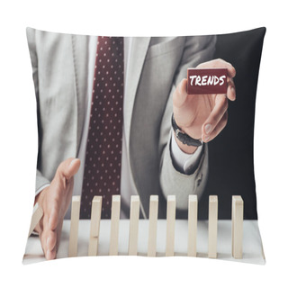 Personality  Partial View Of Businessman Holding Brick With 'trends' Word And Preventing Wooden Blocks From Falling Pillow Covers