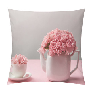 Personality  Beautiful Tender Pink Carnation Flowers In White Teapot And Cup On Grey     Pillow Covers