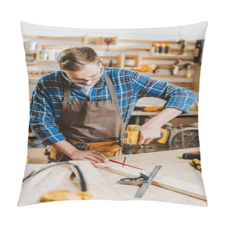 Personality  Selective Focus Of Carpenter In Goggles And Apron Holding Hammer Drill  Pillow Covers