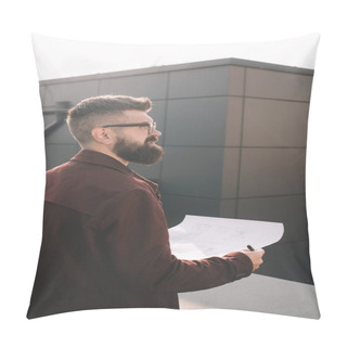 Personality  Handsome Adult Male Architect In Glasses Holding Blueprint On Rooftop Pillow Covers