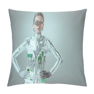 Personality  Futuristic Silver Cyborg Standing With Hands On Waist And Looking At Camera Isolated On Grey, Future Technology Concept  Pillow Covers