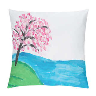 Personality  Child's Drawing Of Sakura On The River Bank. Spring Landscape With A Flowering Tree And A Lake In An Abstract. Watercolor Painting. Pillow Covers