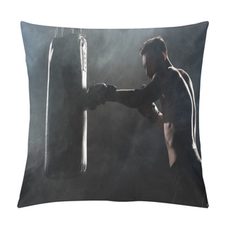 Personality  Silhouette Of Athlete In Boxing Gloves Hitting Punching Bag On Black With Smoke Pillow Covers