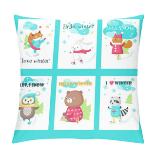Personality  Vector Set Of Cards With Cute Ice Skating Animals Pillow Covers
