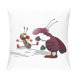 Personality  Cartoon Striped Cockroach Fights With An Ant. Isolated Illustration On A White Background With A Shadow. Pillow Covers