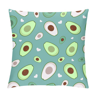 Personality  Cute Avocado Seamless Pattern Background With Hearts Shapes On Green Background.Vector Illustration. Hand Drawn Repeat Print, Scarf, Packaging Design. Pillow Covers