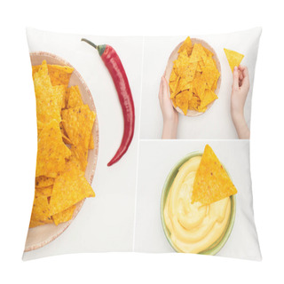 Personality  Collage Of Corn Nachos With Chili Peppers, Cheese Sauce And Female Hands On White Background Pillow Covers