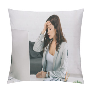 Personality  Exhausted Secretary Suffering From Headache While Sitting With Closed Eyes And Holding Hand Near Head Pillow Covers