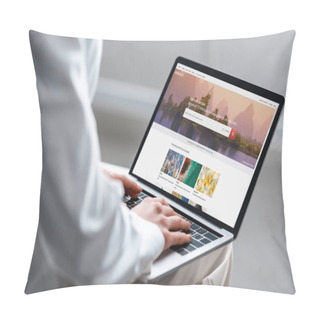 Personality  Cropped View Of Woman Using Laptop With Shutterstock Website On Screen Pillow Covers