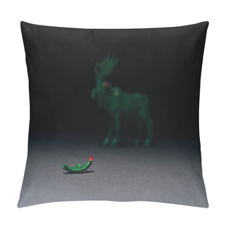 Personality  Selective Focus Of Horn With Blood And Toy Moose On Grey Background, Hunting For Horns Concept Pillow Covers