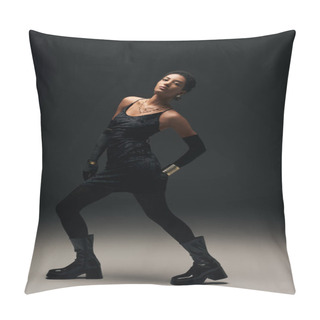 Personality  Full Length Of Trendy African American Woman In Little Dress, Gloves And Stylish Boots Posing While Looking At Camera And Standing On Black Background, High Fashion And Evening Look Pillow Covers
