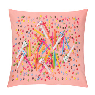 Personality  Colorful Sprinkles, Blowers And Birthday Candles On Pink Background Pillow Covers