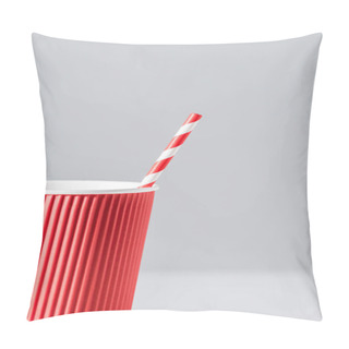 Personality  Close-up View Of Red Paper Cup With Drinking Straw Isolated On Grey Pillow Covers