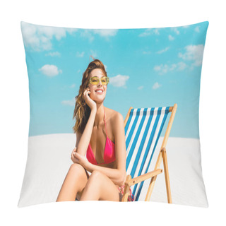 Personality  Smiling Beautiful Sexy Girl In Swimsuit And Sunglasses Sitting In Deck Chair On Sandy Beach With Blue Sky And Clouds Pillow Covers