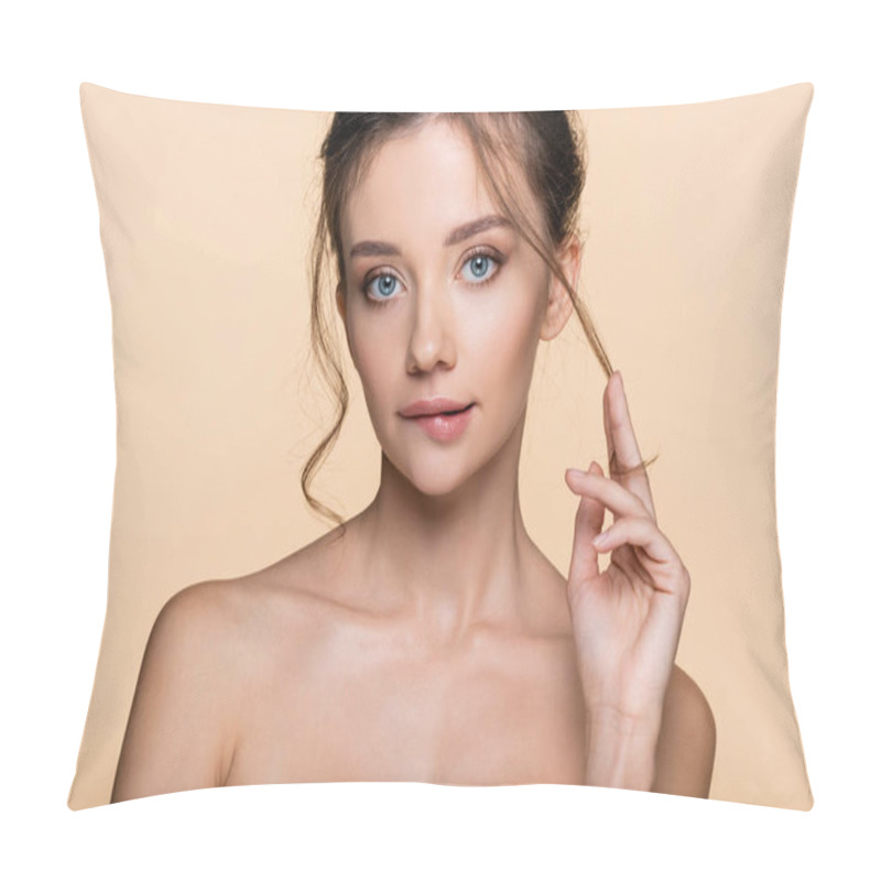 Personality  Pretty model touching hair and biting lip isolated on beige  pillow covers