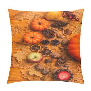 Personality  Top View Of Burning Candle With Autumnal Decoration On Wooden Background Pillow Covers