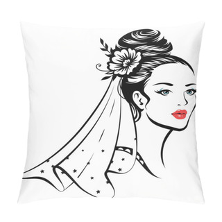 Personality  Portrait Of Young Beautiful Bride With Elegant Hairdress And Bridal Veil. Black Illustration  Isolated On White Backgroun Pillow Covers