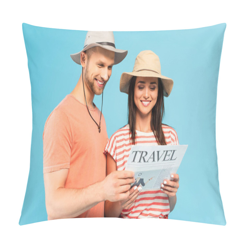 Personality  happy couple reading travel newspaper isolated on blue pillow covers